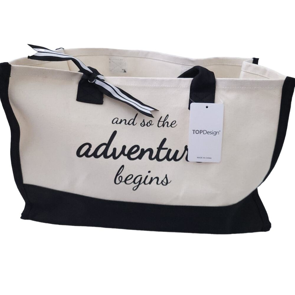 NEW And So the Adventure Begins Canvas Tote Bag Black Cream 17.5"x10.5"x7"